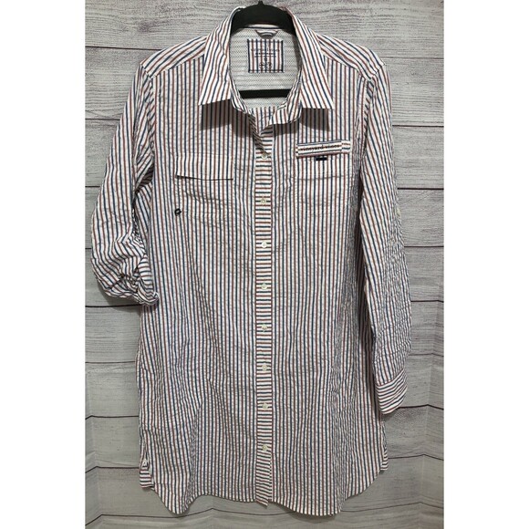 Vineyard Vines Harbor Seersucker Coverup Shirt Dress Red/White/Blue  L/S  12 EUC - Picture 1 of 9